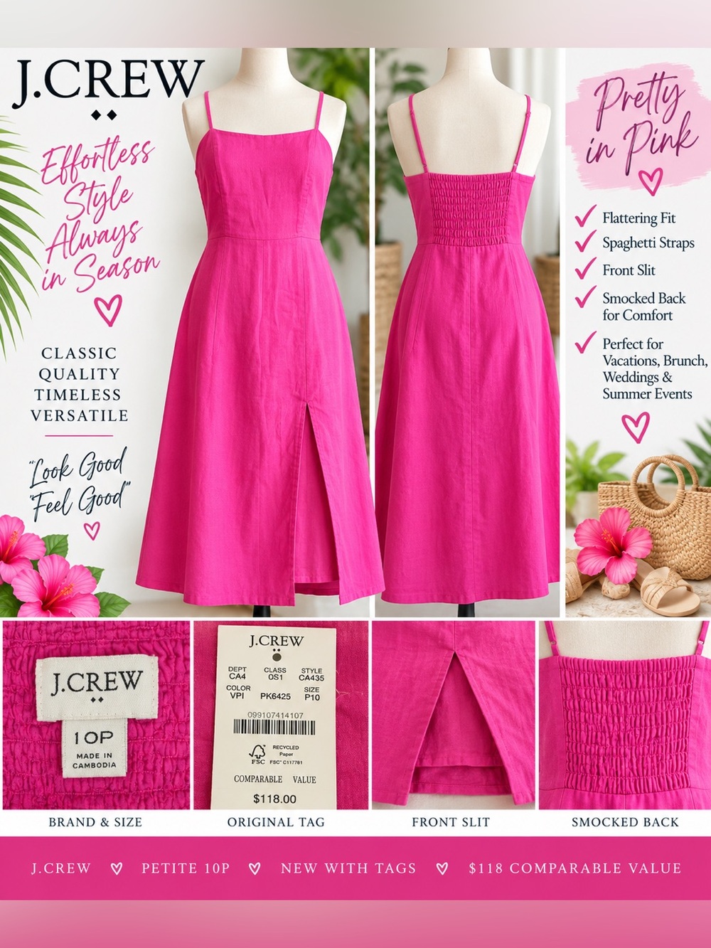 #0377 J.Crew NWT Petite 10P Hot Pink Midi Dress Spaghetti Strap Front Slit